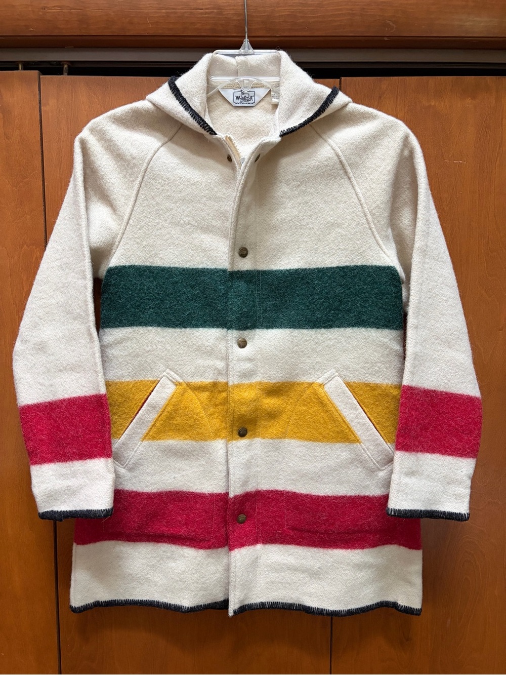 VTG 80s Woolrich Hudson Bay Blanket Stripe Hooded 85% Wool Car Coat USA Mint Sm